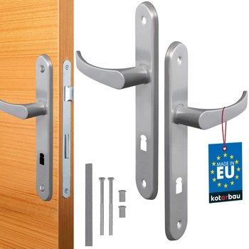 Zestaw klamka drzwiowa 72 srebrna długi szyld na klucz