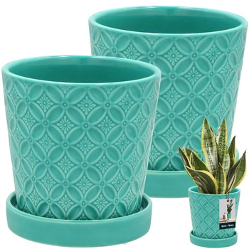 Doniczka okrągła turkusowa z podstawką ⌀ 13 cm 2 szt