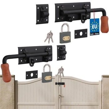 Zasuwa garażowa rygiel 280 mm czarna do bramy furtki drzwi zestaw 2 szt. prawa i lewa z kłódką