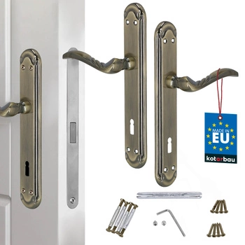 Klamka drzwiowa długi szyld zdobiona patyna na klucz 90 mm