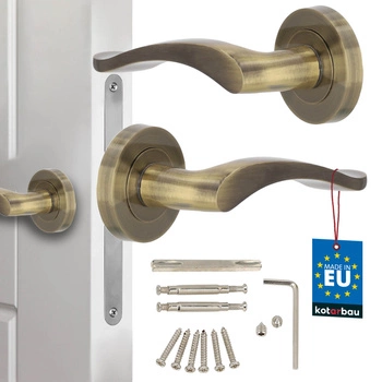 Klamka drzwiowa wewnętrzna krótki szyld dzielony z rozetą patyna