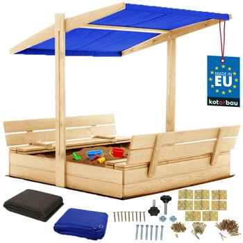 Piaskownica drewniana z daszkiem i ławkami zamykana duża naturalna 120x120 cm