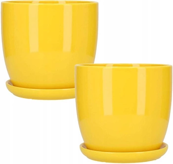 Doniczka ceramiczna z podstawką żółta 120 mm zestaw 2 szt.