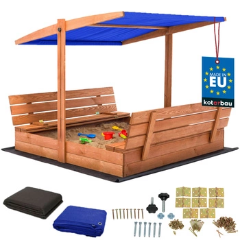 Piaskownica drewniana z daszkiem i ławkami zamykana duża brązowa 140x140 cm