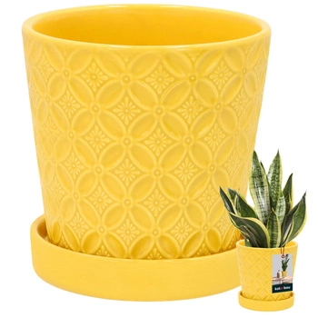 Doniczka okrągła musztardowa z podstawką ⌀ 13 cm