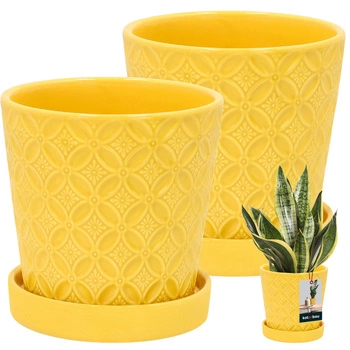 Doniczka okrągła musztardowa z podstawką ⌀ 13 cm 2 szt