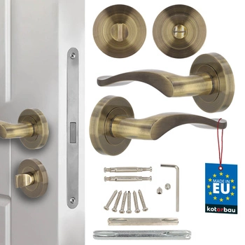 Klamka drzwiowa wewnętrzna krótki szyld dzielony z rozetą wc patyna