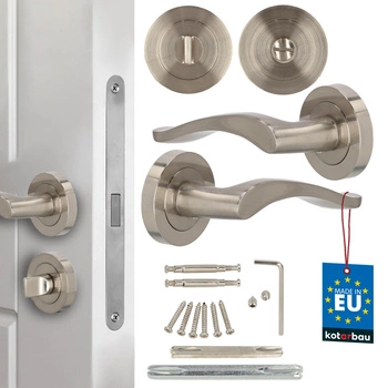 Klamka drzwiowa wewnętrzna krótki szyld dzielony z rozetą wc satyna