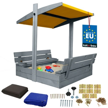 Piaskownica drewniana z daszkiem i ławkami zamykana duża szara 100x100 cm