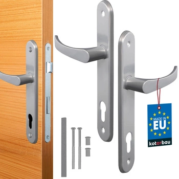 Zestaw klamka drzwiowa 90 srebrna długi szyld na wkładkę