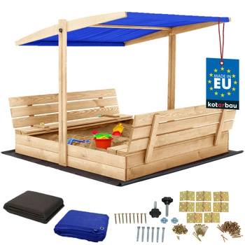 Piaskownica drewniana z daszkiem i ławkami zamykana duża naturalna 140x140 cm