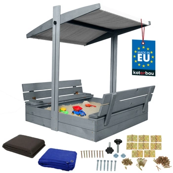 Piaskownica drewniana z daszkiem i ławkami zamykana duża szara 100x100 cm