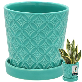 Doniczka okrągła turkusowa z podstawką ⌀ 13 cm