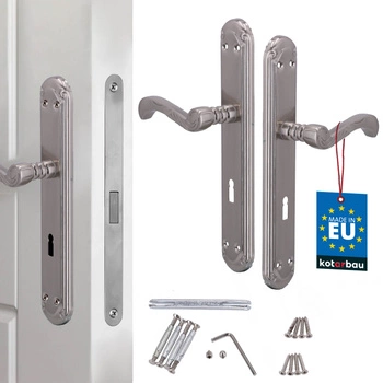 Klamka drzwiowa zdobiona retro długi szyld satyna na klucz 72 mm