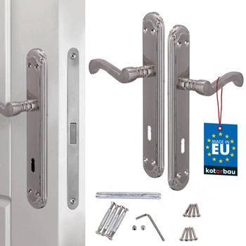 Klamka drzwiowa zdobiona retro długi szyld satyna na klucz 90 mm