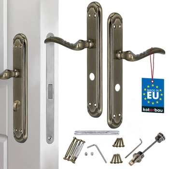 Klamka drzwiowa długi szyld zdobiona patyna zamek wc 72 mm