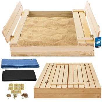 Piaskownica dla dzieci z ławkami zamykana drewniana duża naturalna 100 cm