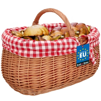 Kosz wiklinowy wielkanocny na zakupy piknik grzyby z czerwonym obszyciem 47 cm