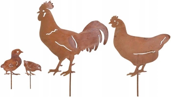 Zestaw figurki wbijane ogrodowe ozdoby rdza kury