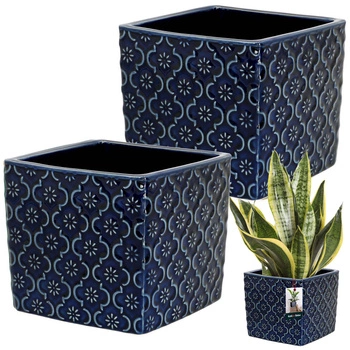Doniczka ceramiczna vintage na kwiaty rośliny 13x13 cm zestaw 2 szt. - Kolor kobaltowy