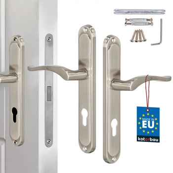 Klamka drzwiowa klasyczna długi szyld na wkładkę bębenkową satyna 72 mm