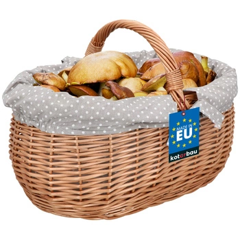 Kosz wiklinowy wielkanocny na zakupy piknik grzyby z szarym obszyciem 47 cm