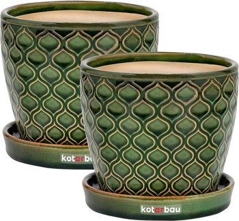 Doniczka ceramiczna zielona z podstawką fi 15 cm zestaw 2 szt.