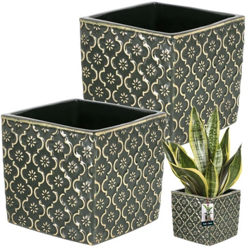 Doniczka ceramiczna vintage na kwiaty rośliny 13x13 cm zestaw 2 szt. - Kolor ciemnozielony