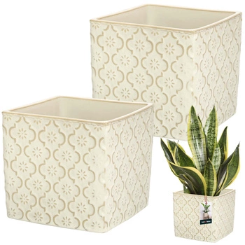 Doniczka ceramiczna vintage na kwiaty rośliny 13x13 cm zestaw 2 szt. - Kolor kremowy
