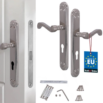 Klamka drzwiowa zdobiona retro długi szyld satyna na wkładkę 72 mm