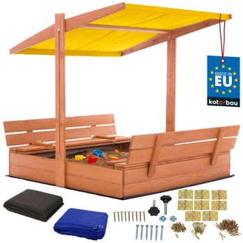 Piaskownica drewniana z daszkiem i ławkami zamykana duża brązowa 120x120 cm