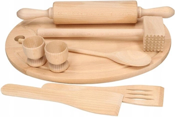 Zestaw stolnica wałek tłuczek łyżka przybory kuchenne drewniane
