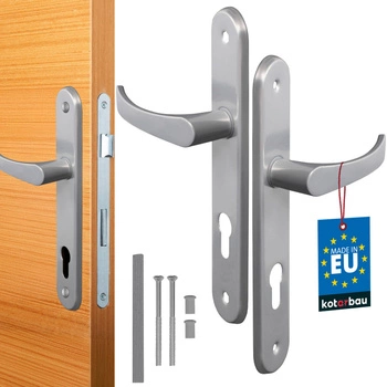 Zestaw klamka drzwiowa 72 srebrna długi szyld na wkładkę