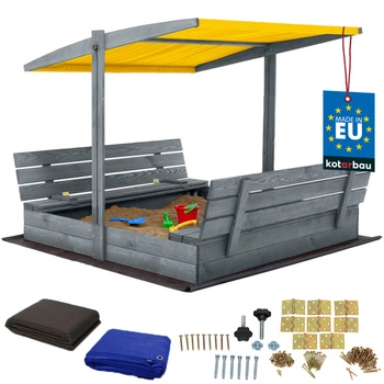 Piaskownica drewniana z daszkiem i ławkami zamykana duża szara 140x140 cm