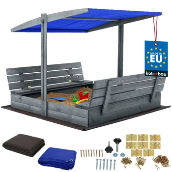 Piaskownica drewniana z daszkiem i ławkami zamykana duża szara 140x140 cm