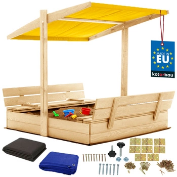 Piaskownica drewniana z daszkiem i ławkami zamykana duża naturalna 120x120 cm