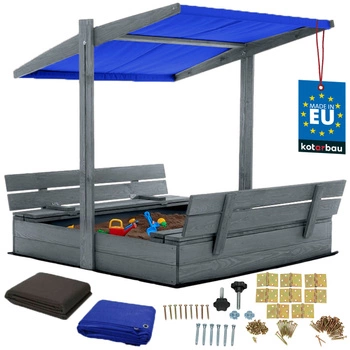 Piaskownica drewniana z daszkiem i ławkami zamykana duża szara 120x120 cm