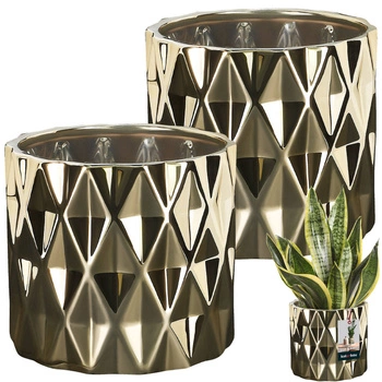 Zestaw 2-doniczki osłonki ceramiczne cylinder złote ⌀12 cm