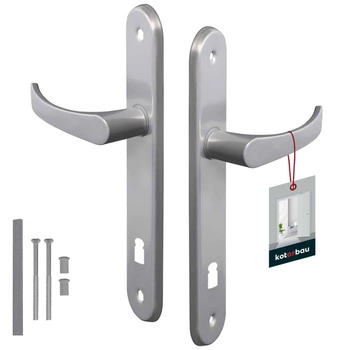 Zestaw klamka drzwiowa 90 srebrna długi szyld na klucz