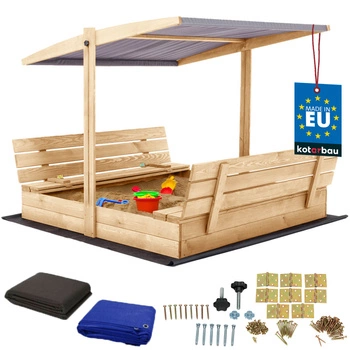 Piaskownica drewniana z daszkiem i ławkami zamykana duża naturalna 140x140 cm