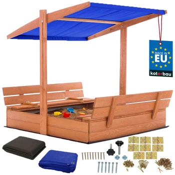 Piaskownica drewniana z daszkiem i ławkami zamykana duża brązowa 120x120 cm