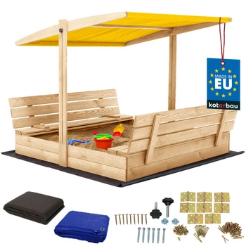 Piaskownica drewniana z daszkiem i ławkami zamykana duża naturalna 140x140 cm