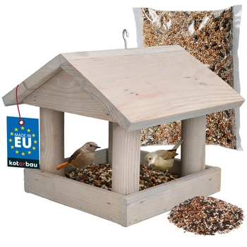 Karmnik dla ptaków drewniany szary + karma 0,5 kg