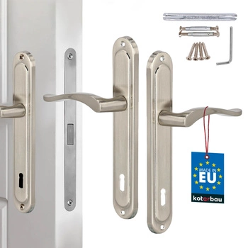 Klamka drzwiowa klasyczna długi szyld na klucz satyna 90 mm