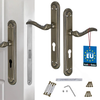 Klamka drzwiowa długi szyld zdobiona patyna na wkładkę 72 mm