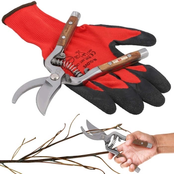 Sekator ogrodowy jednoręczny stalowy do gałęzi kwiatów i rękawice 20,5 cm